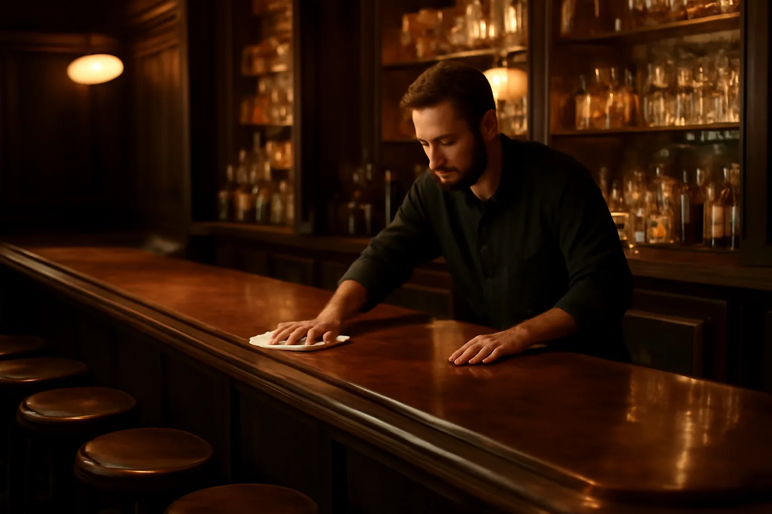 Empty restaurant bar at closing, illustrating liquor license compliance and ownership questions