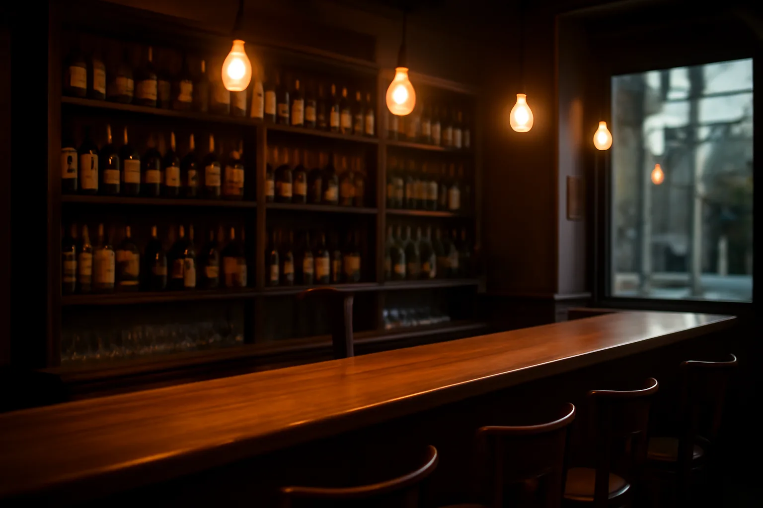 Empty independent bar interior lit warmly before opening, relevant to type 48 liquor license