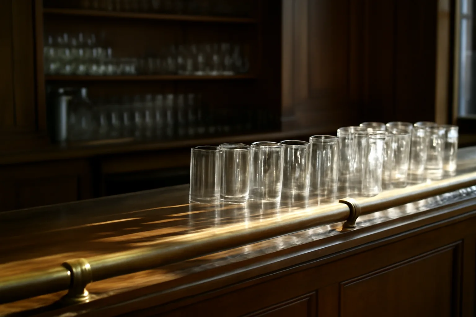 Empty bar counter with brass rail and glassware representing bar license planning