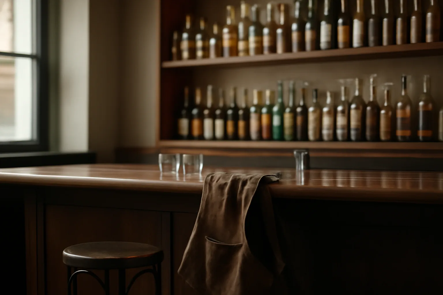 Empty restaurant bar with shelved bottles, illustrating types of liquor licenses for owners