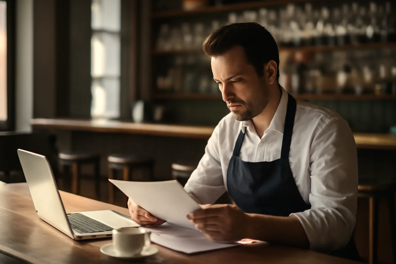 Restaurant owner researching a Virginia ABC license lookup at an empty bar