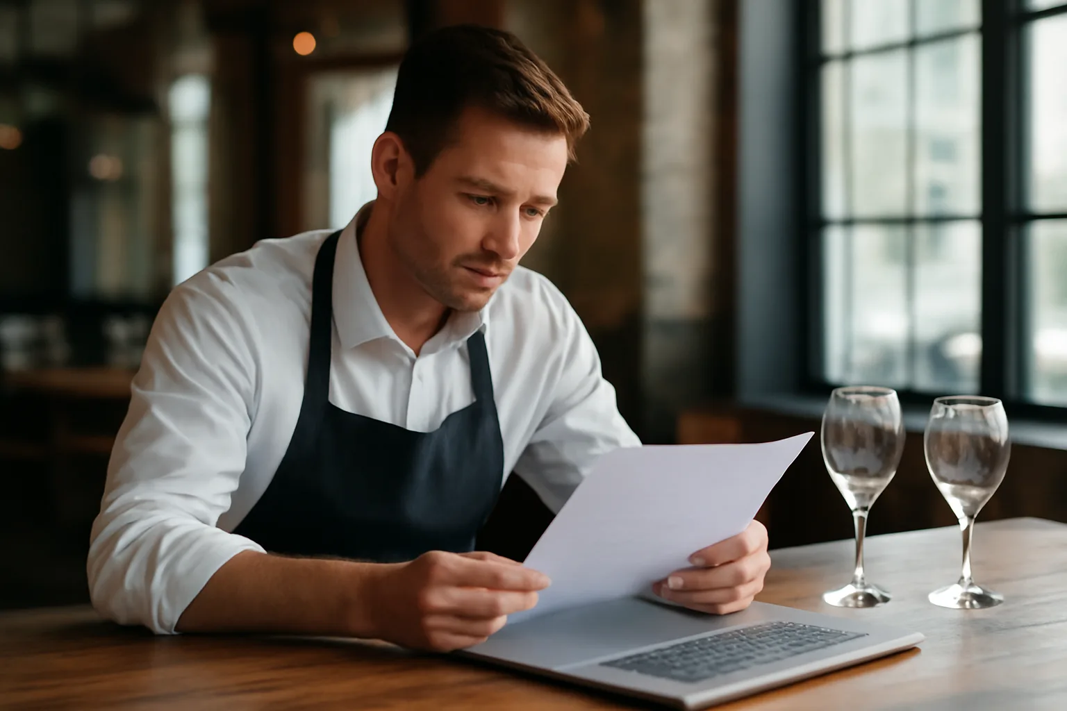Restaurant manager reviewing documents at bar counter during VA ABC license search