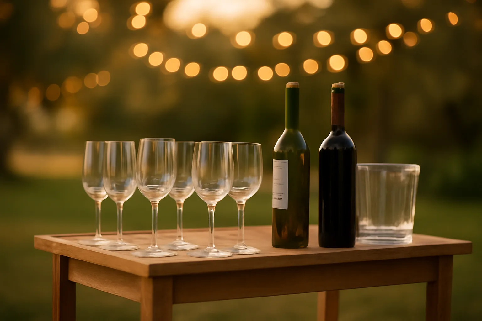 Outdoor wedding reception bar setup with wine glasses at golden hour