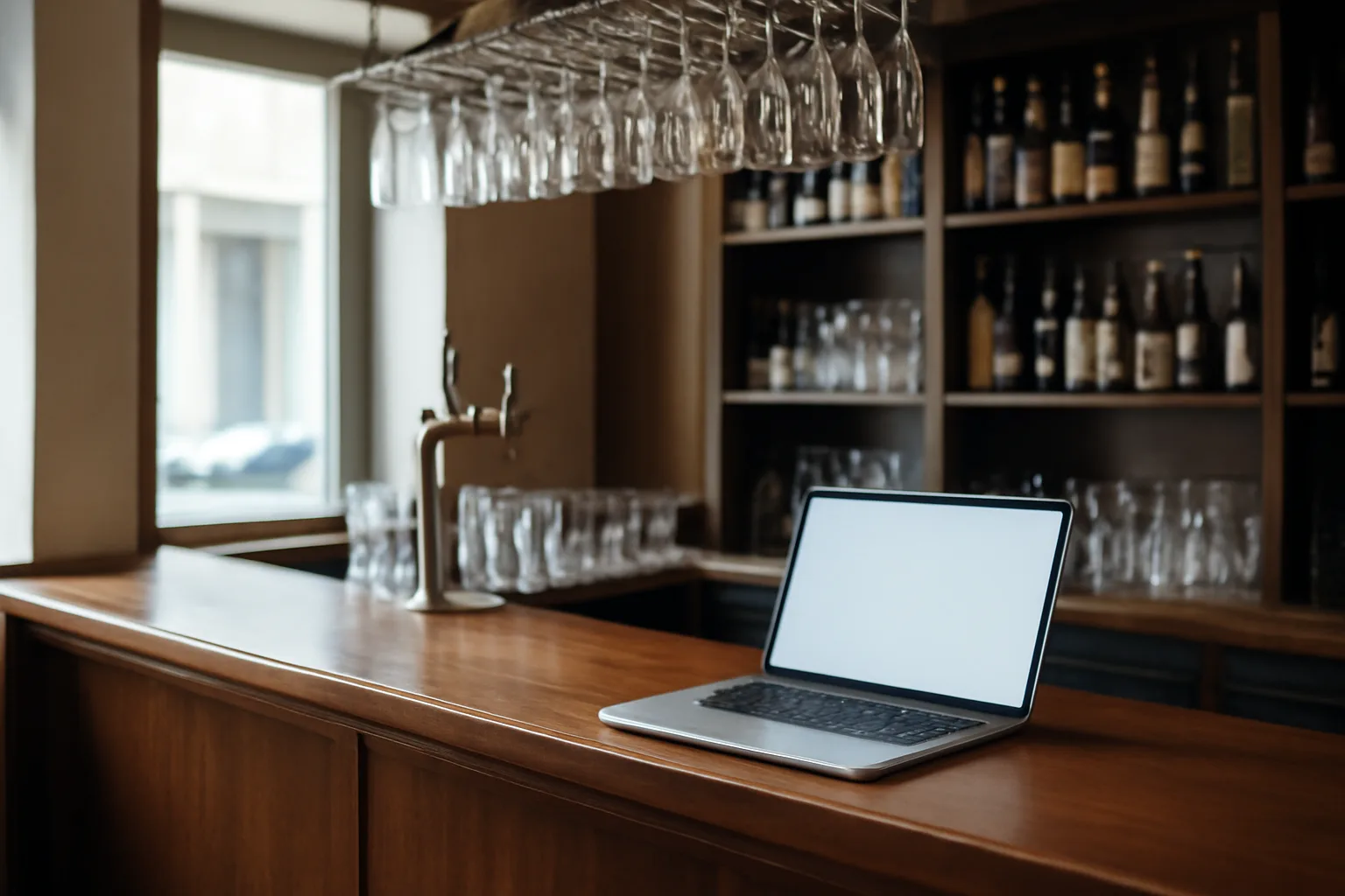 Empty restaurant bar counter in morning light before a liquor license search