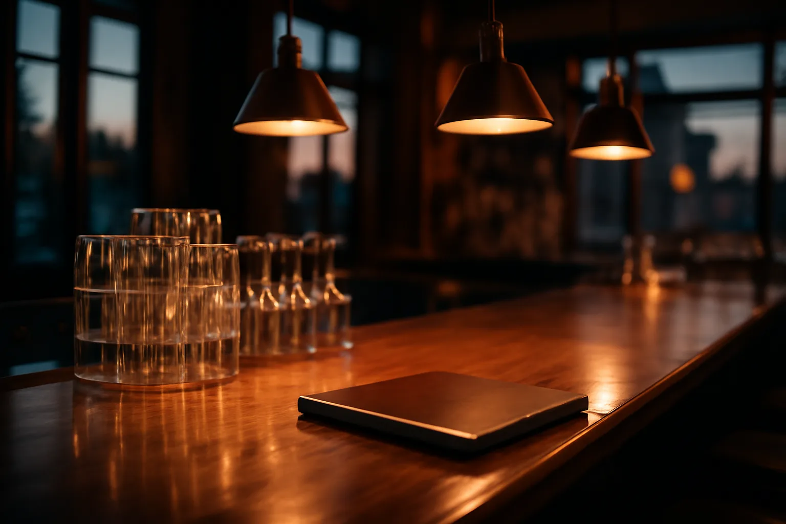 Empty restaurant bar counter with warm lighting representing Virginia ABC licensing preparation