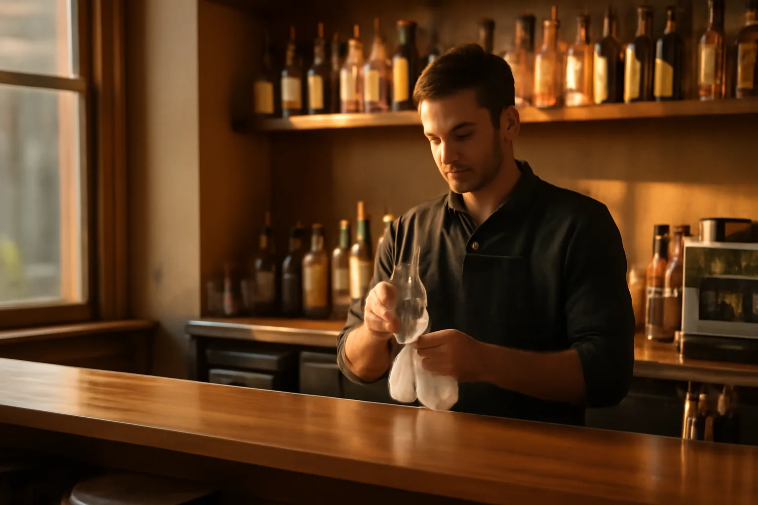 Bartender polishing a glass at a sunlit restaurant bar counter