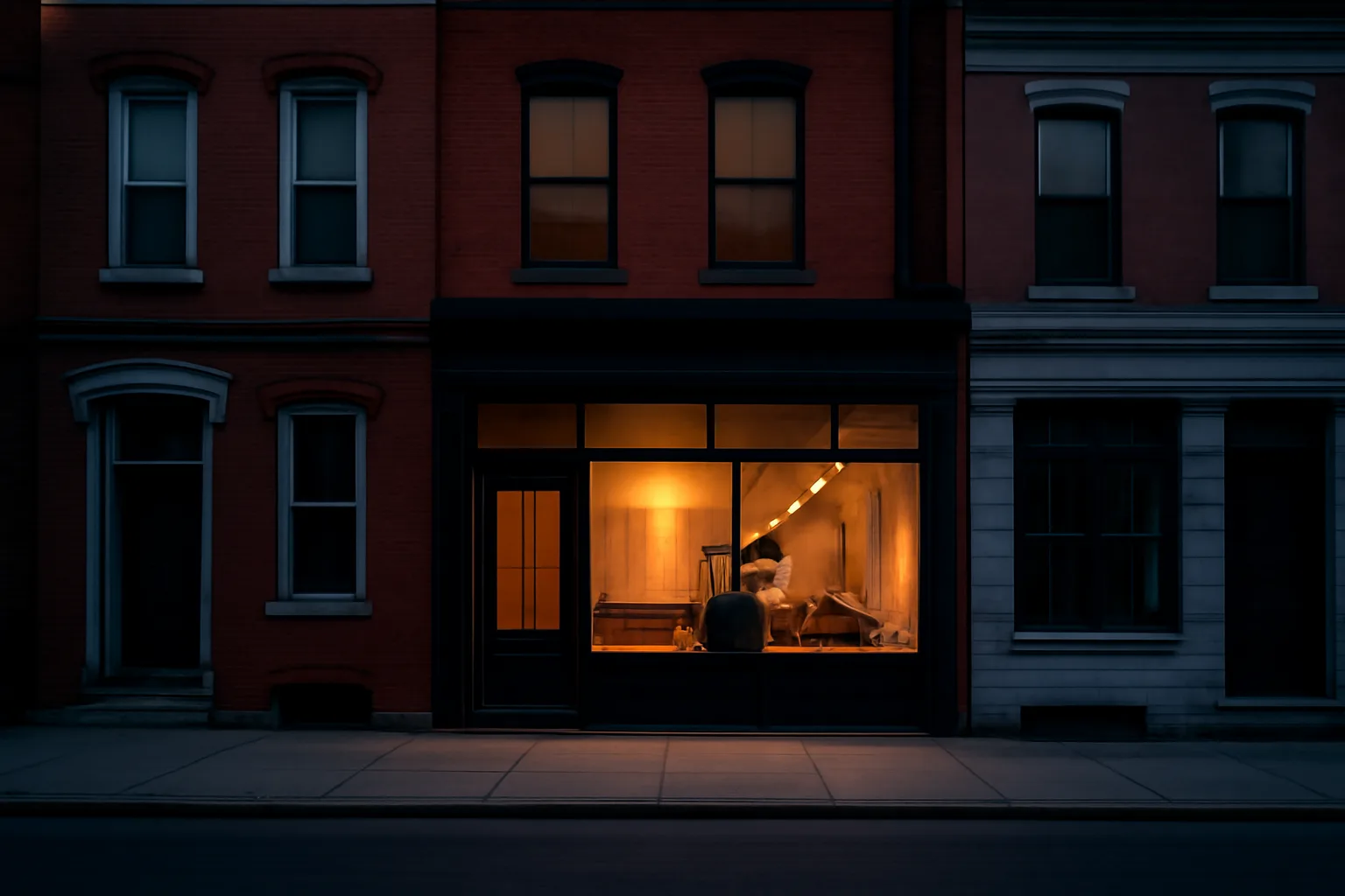 DC rowhouse restaurant storefront lit at dusk before opening