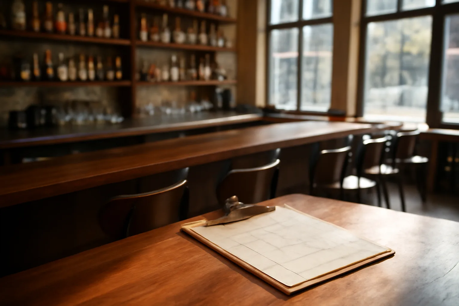 Empty restaurant bar counter with floor plan sketch, representing Washington liquor license cost planning