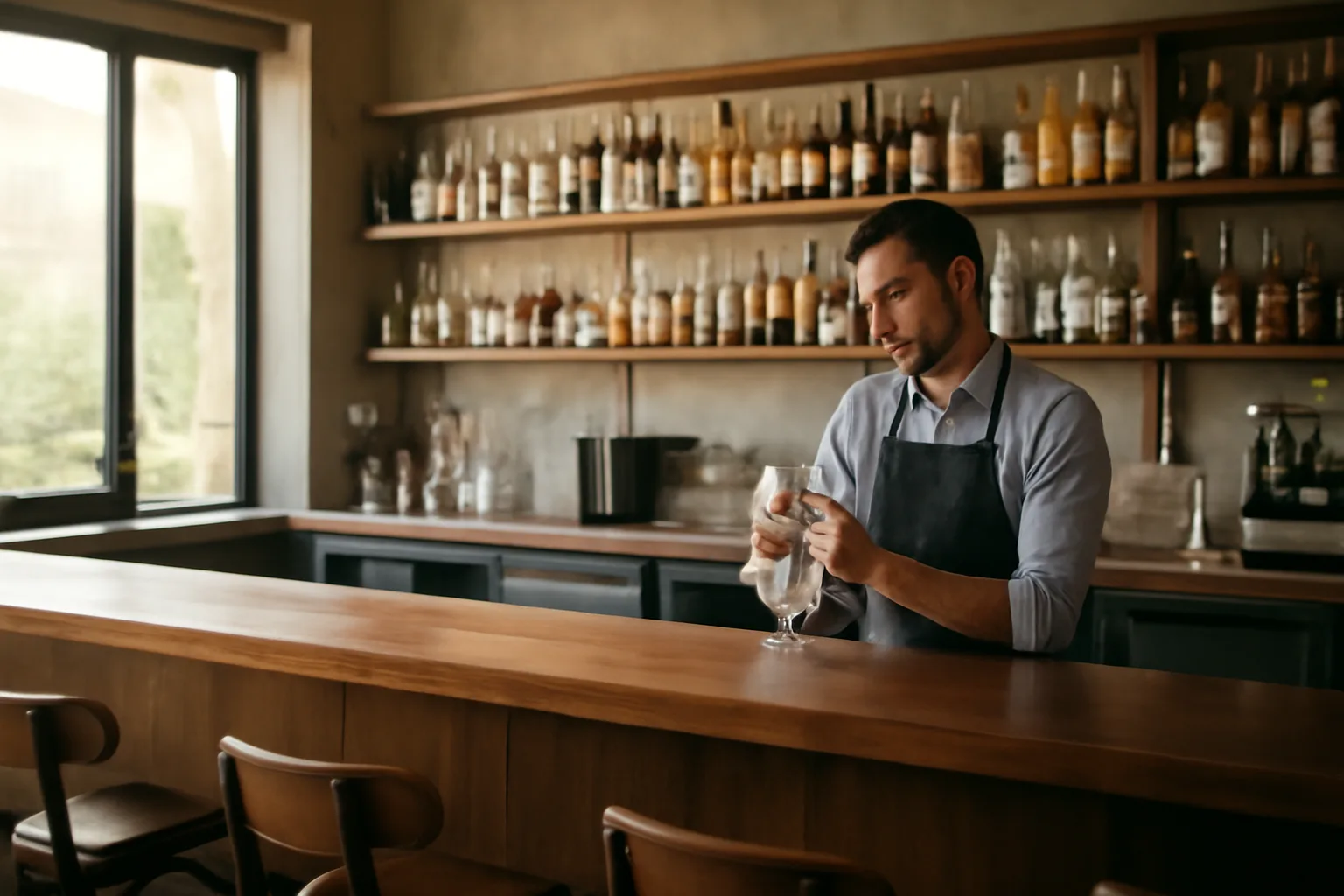 Bartender preparing a restaurant bar before opening, related to Washington liquor license process
