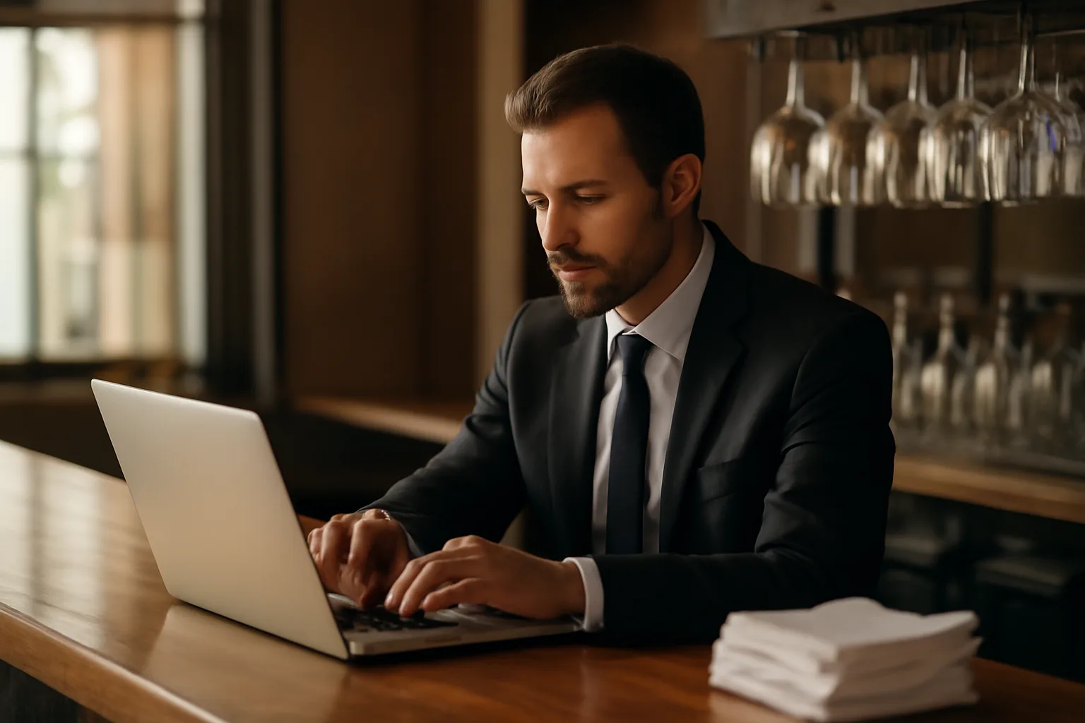 Restaurant owner reviewing a Washington state liquor permit online application at a bar counter