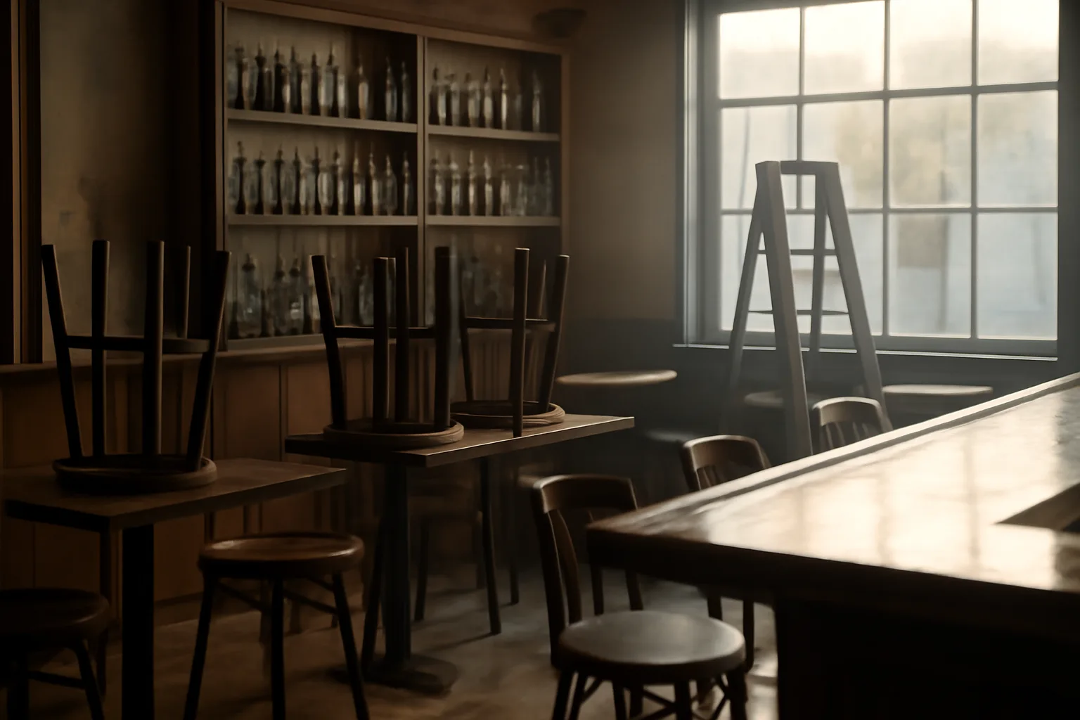 Empty bar interior with shelved bottles during pre-opening buildout in a small Georgia town