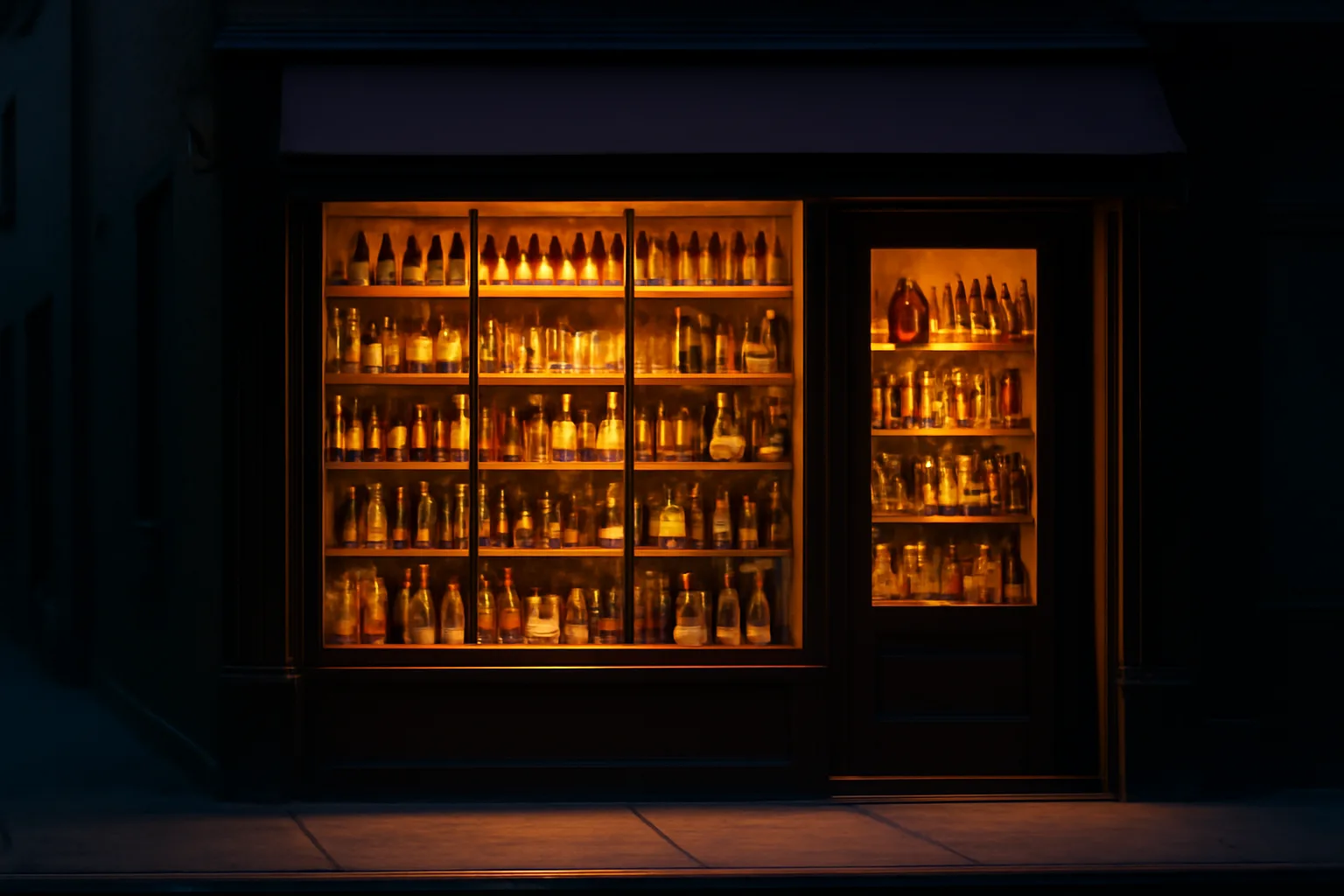 Small liquor store storefront lit at dusk with bottles visible through window