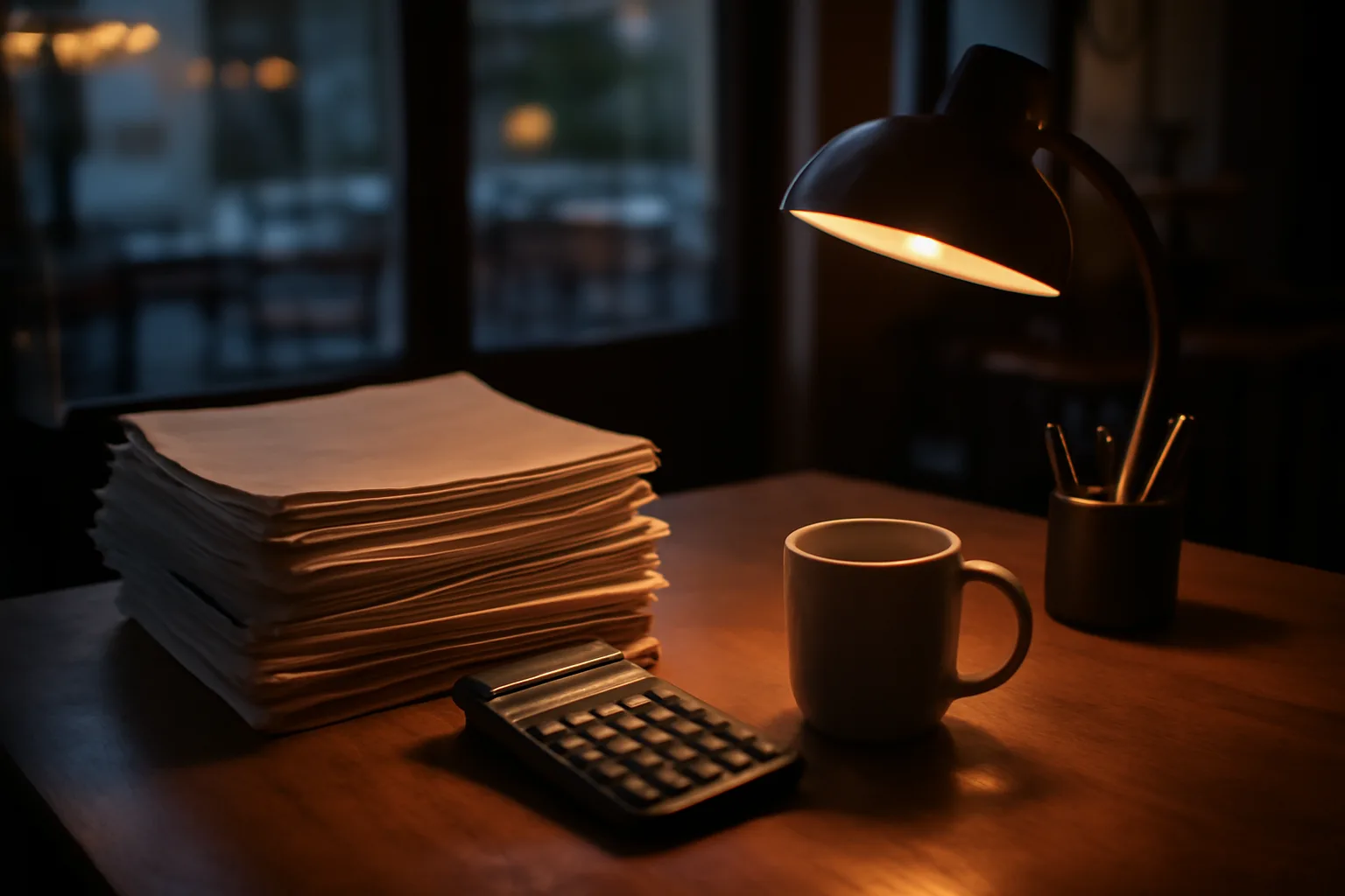 Desk with paperwork and lamp representing alcohol license application confusion over terms like PEF