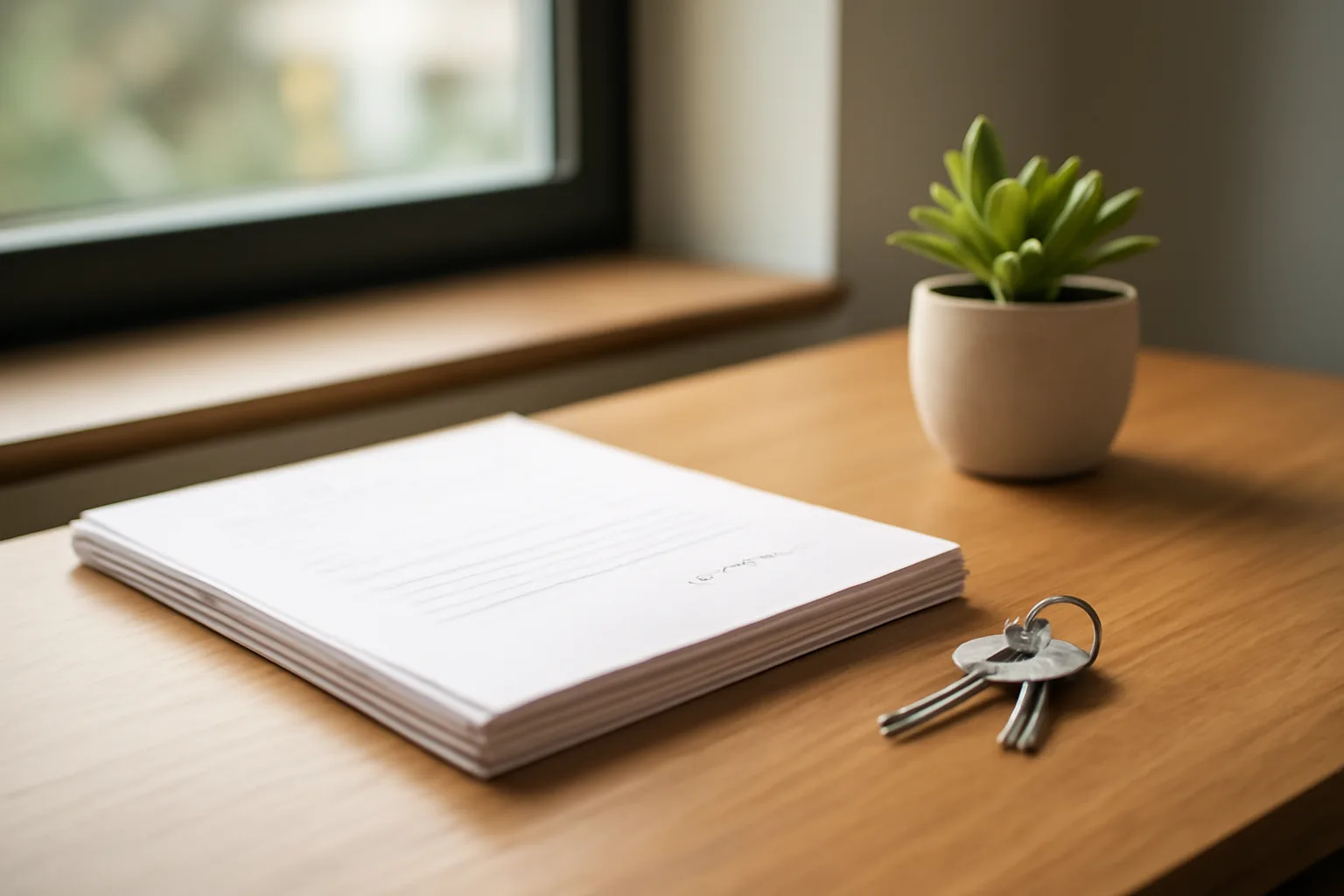 Restaurant office desk with lease papers and keys before opening day