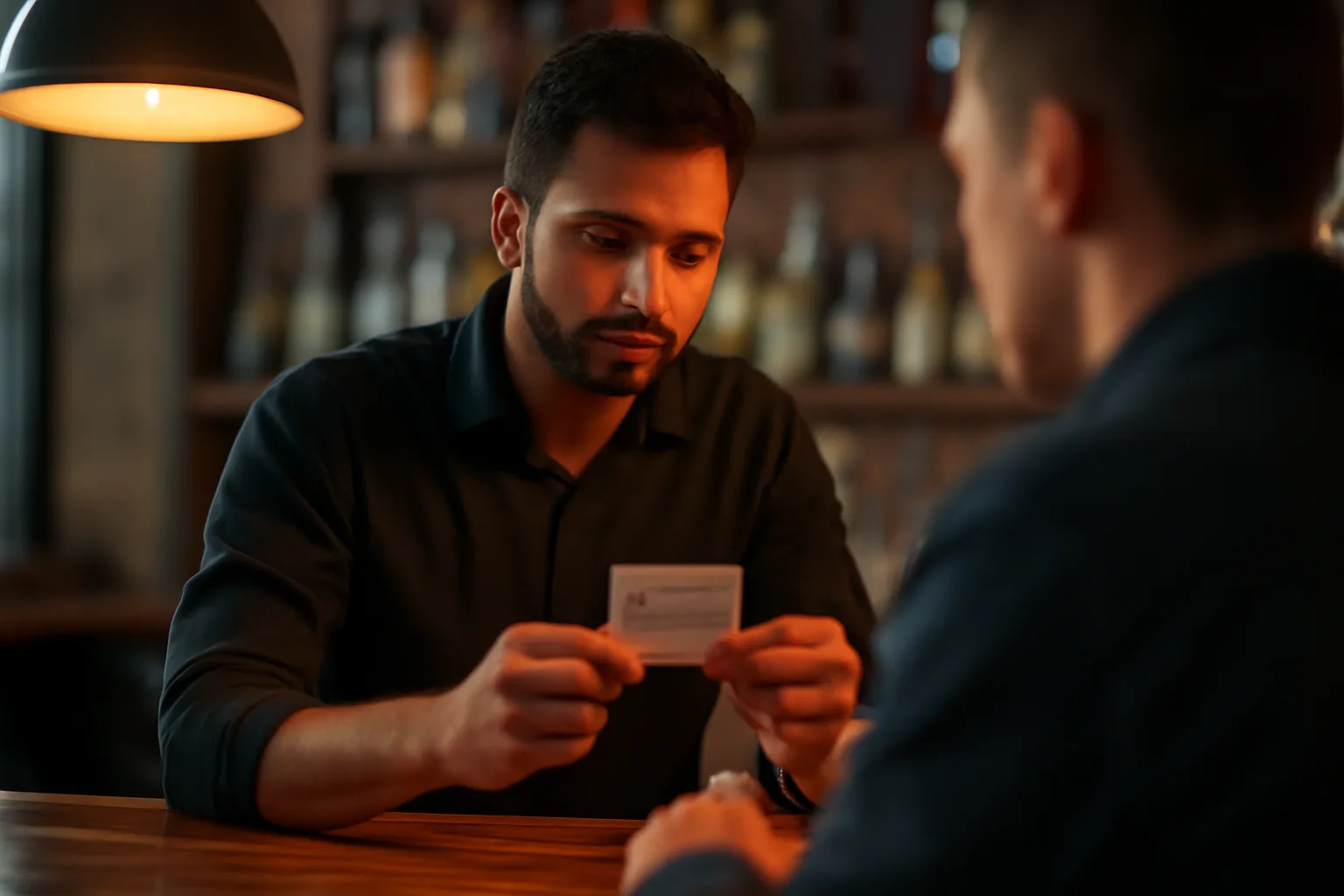 Bartender checking a customer's ID at a bar counter during evening shift