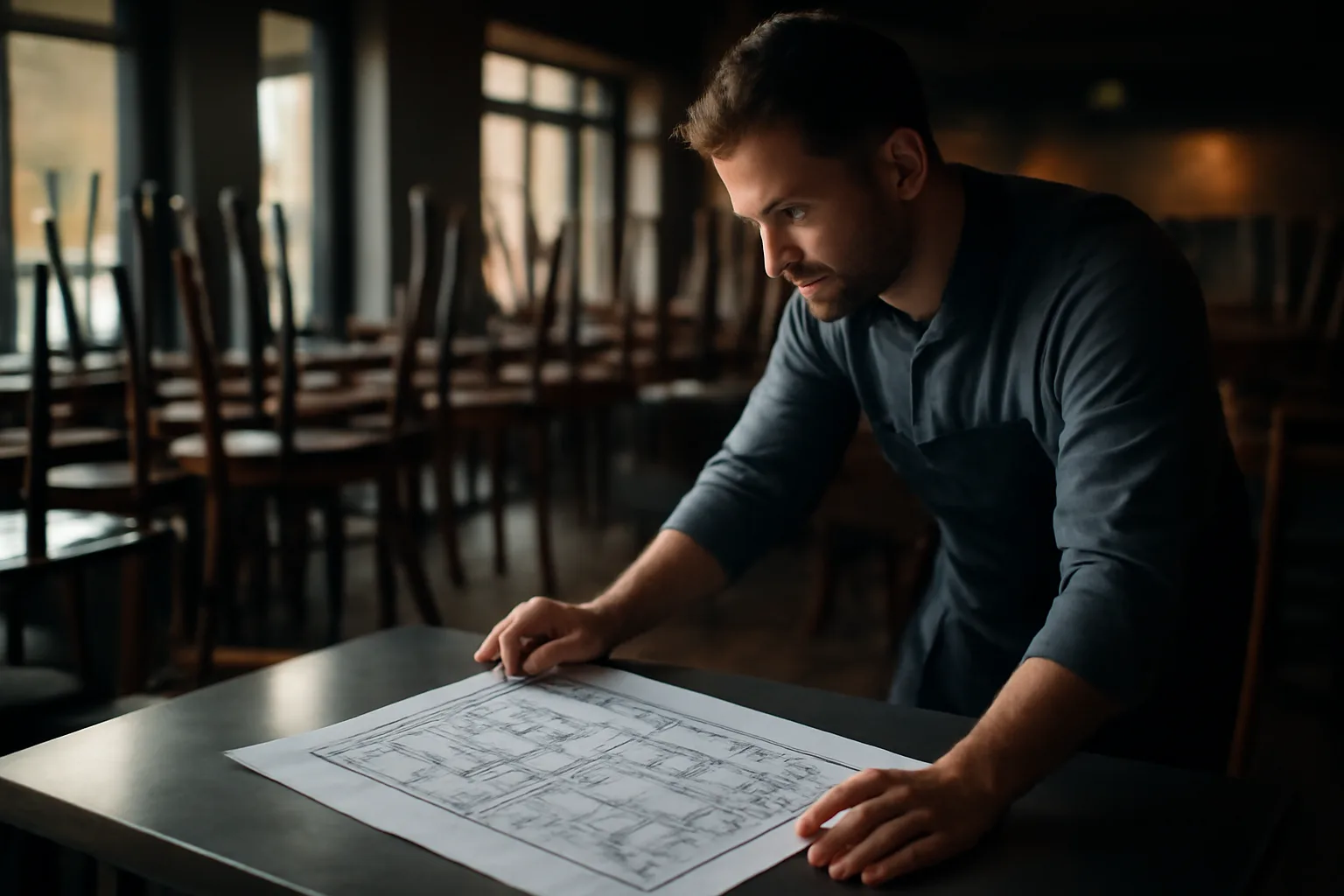 Restaurant owner reviewing premises floor plan before applying for an ABC license