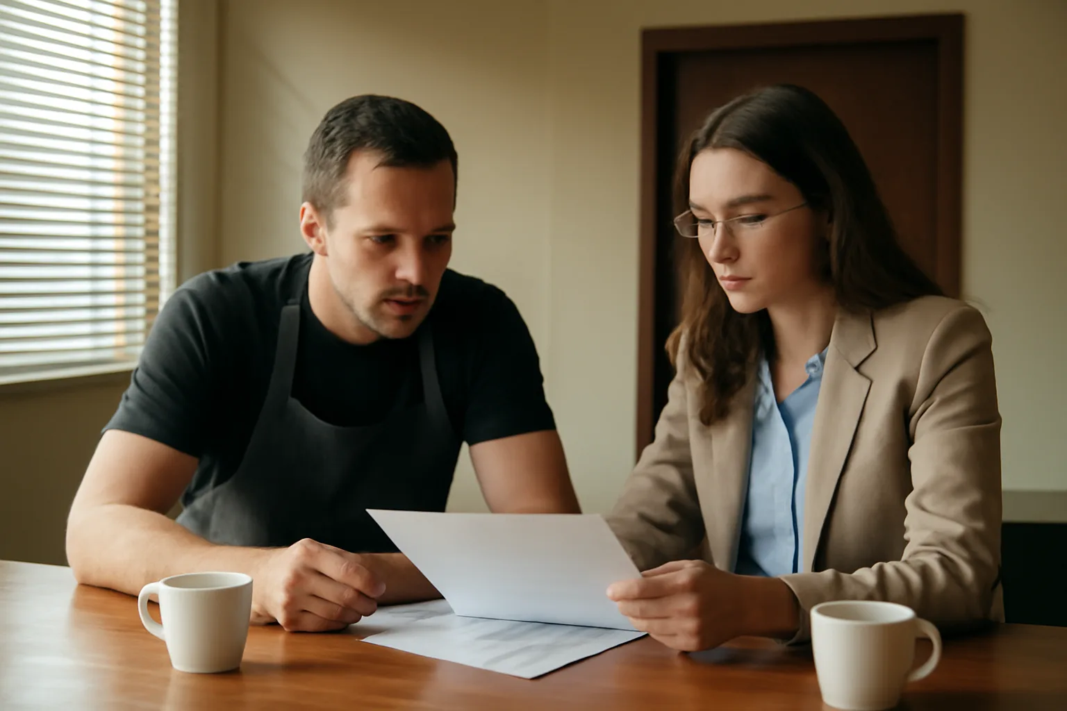 Restaurant owner discussing liquor license application at a government office counter