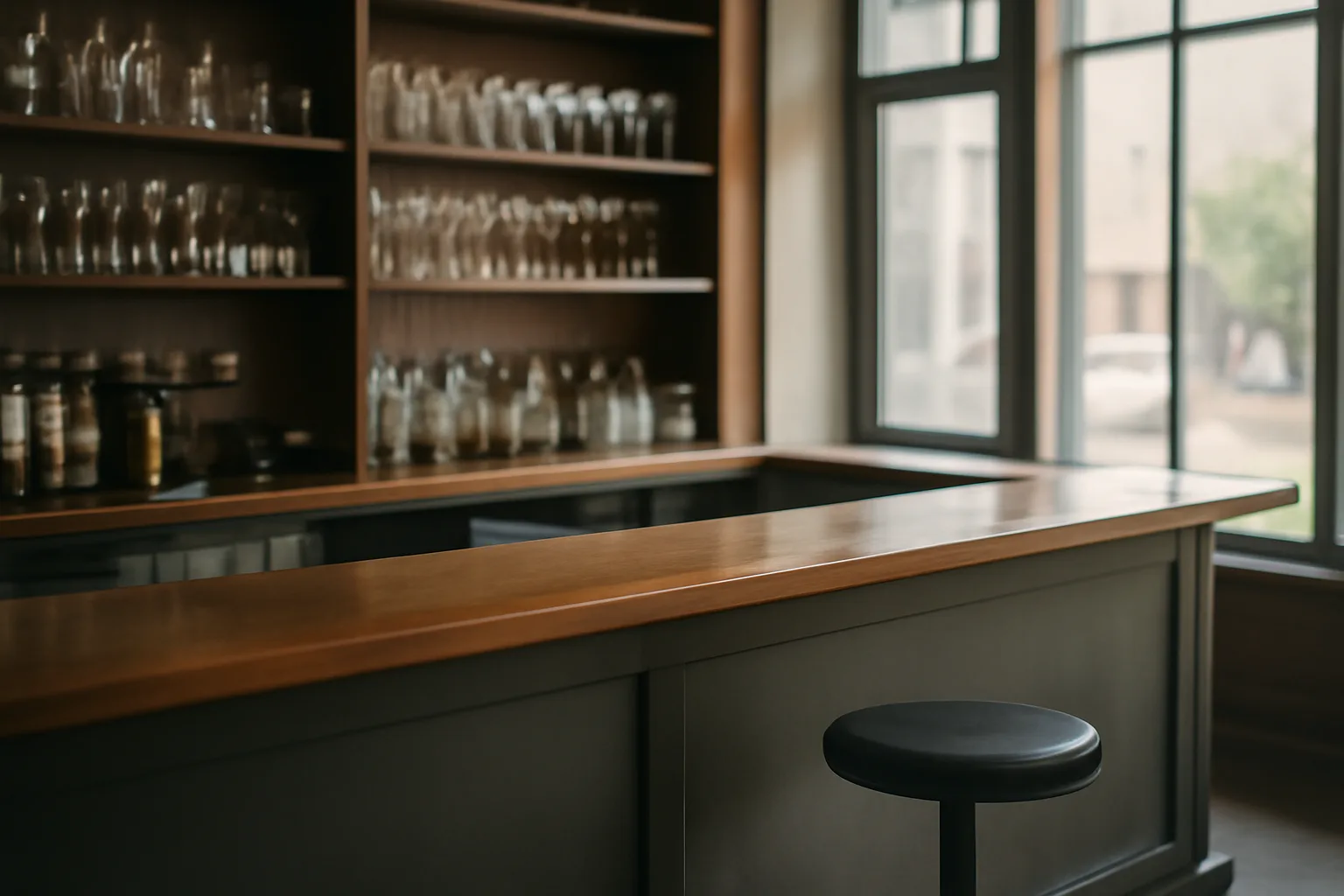 Empty restaurant bar counter in morning light before a liquor license application review