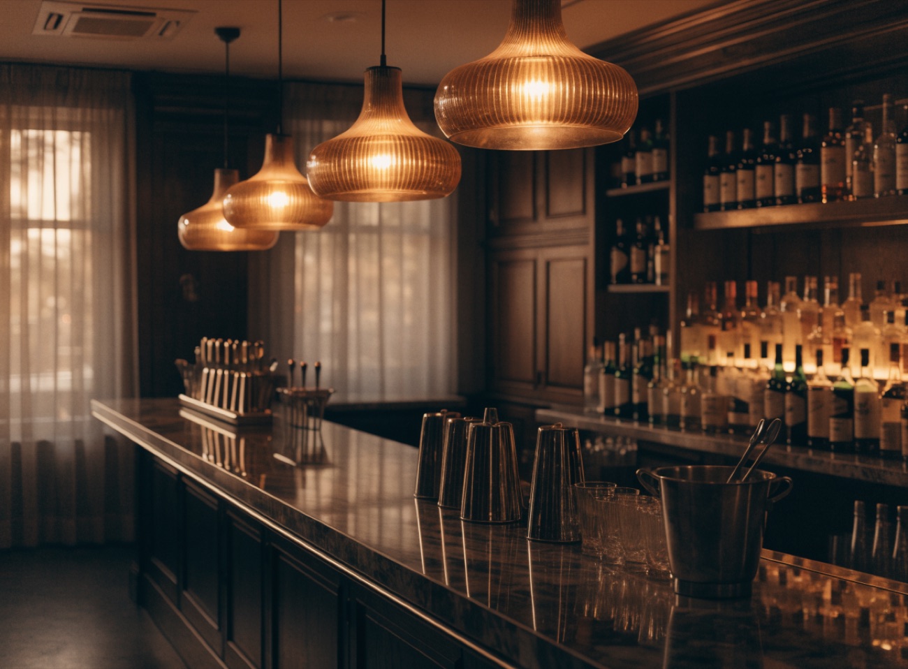 A warm, well-designed bar interior with pendant lighting, ready for service